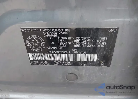 2007 Toyota Rav4 Limited V6 z USA, uszkodzony, nr VIN JTMBK34V475030819